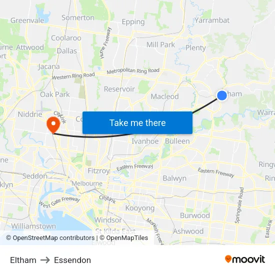Eltham to Essendon map