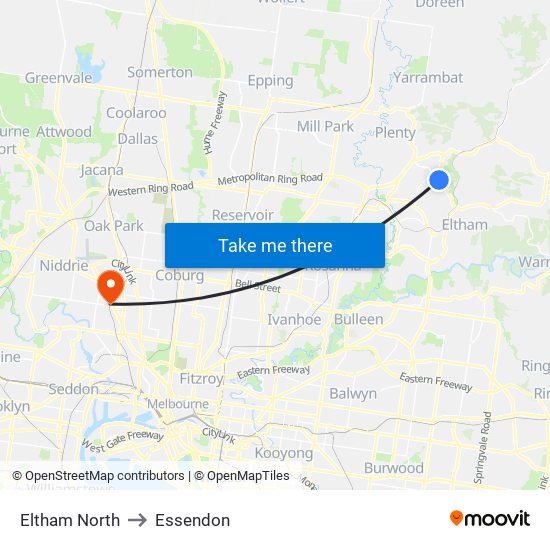 Eltham North to Essendon map