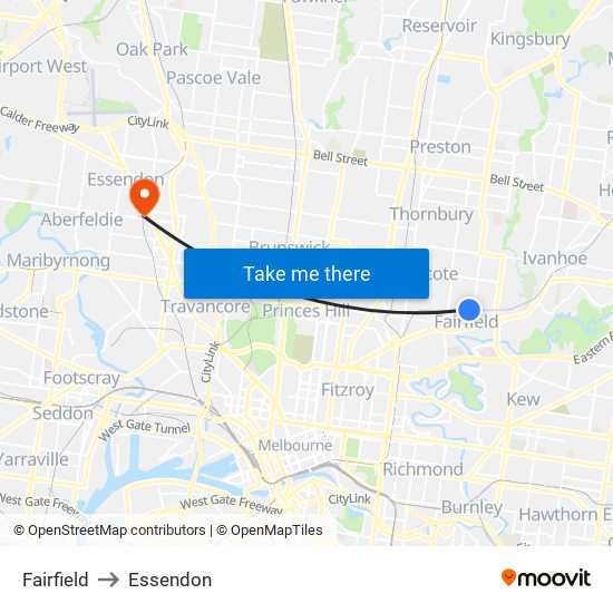 Fairfield to Essendon map