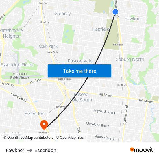 Fawkner to Essendon map