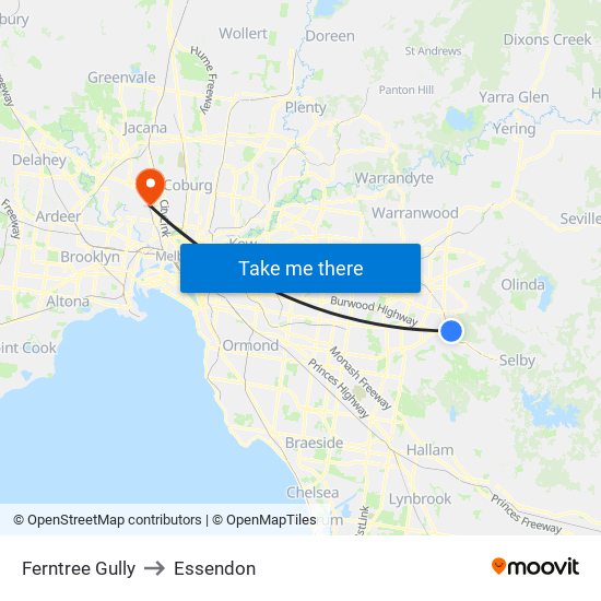 Ferntree Gully to Essendon map