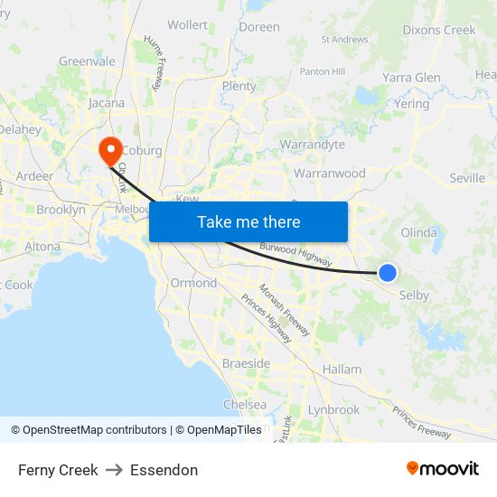 Ferny Creek to Essendon map