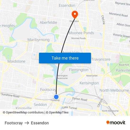 Footscray to Essendon map