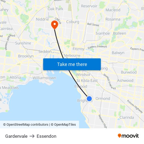 Gardenvale to Essendon map