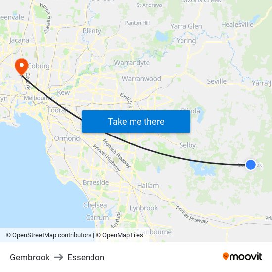 Gembrook to Essendon map