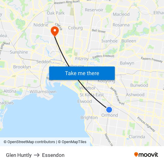 Glen Huntly to Essendon map