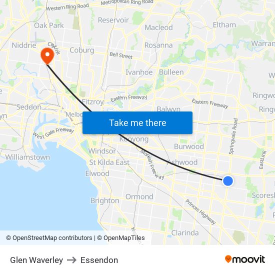 Glen Waverley to Essendon map