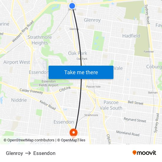 Glenroy to Essendon map