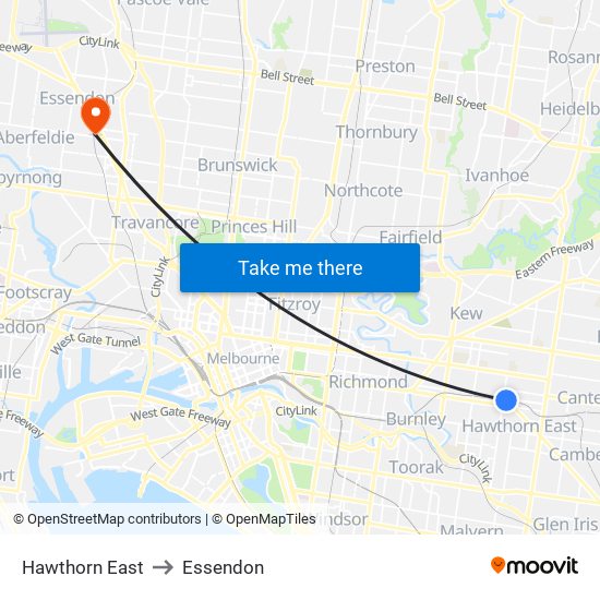 Hawthorn East to Essendon map