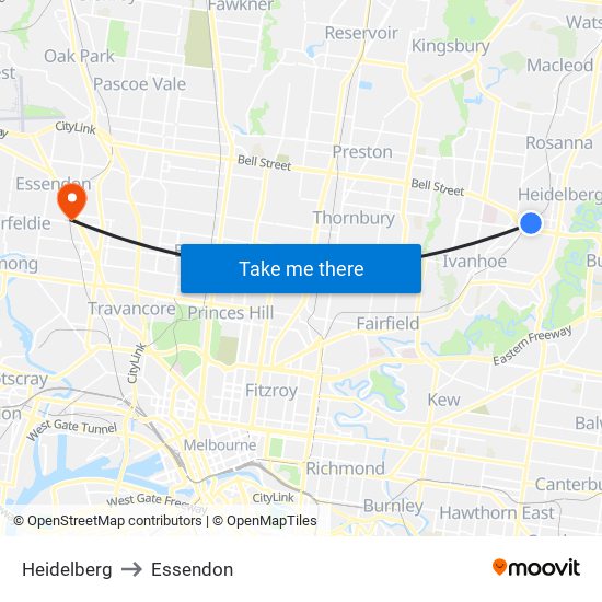 Heidelberg to Essendon map