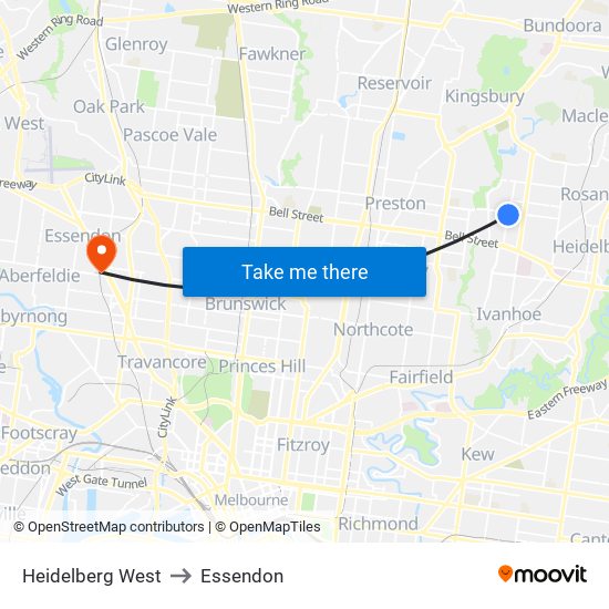 Heidelberg West to Essendon map