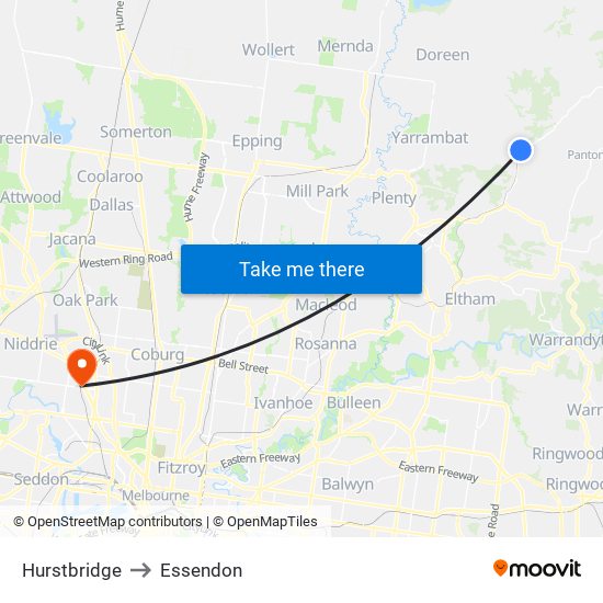 Hurstbridge to Essendon map