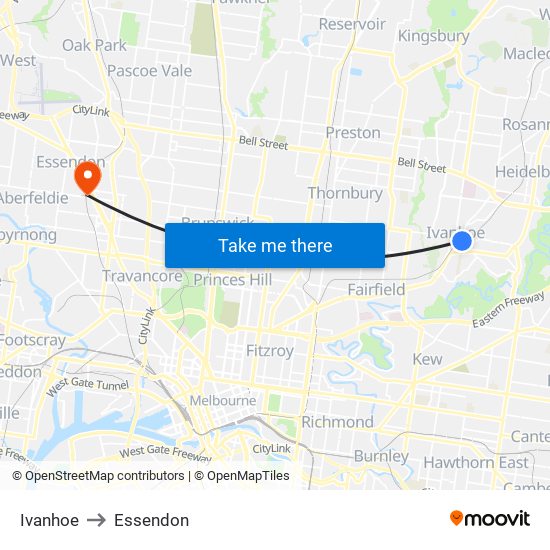 Ivanhoe to Essendon map