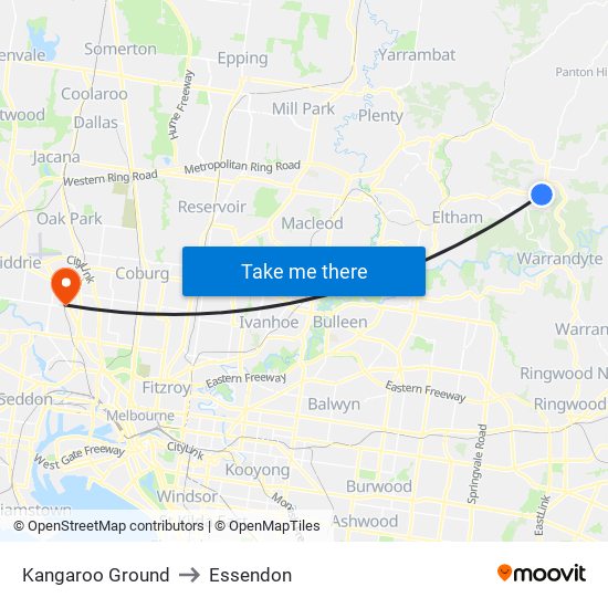 Kangaroo Ground to Essendon map