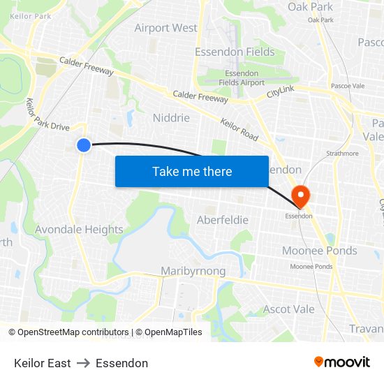 Keilor East to Essendon map
