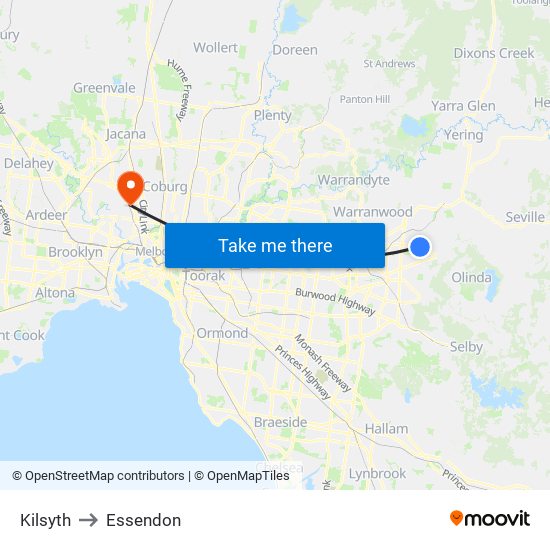 Kilsyth to Essendon map