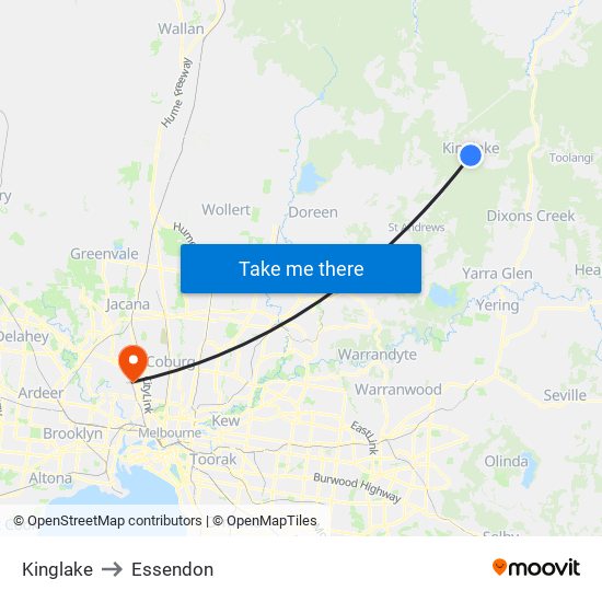 Kinglake to Essendon map