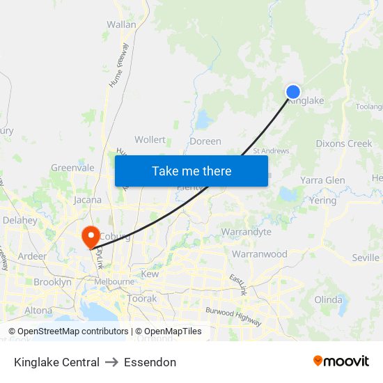 Kinglake Central to Essendon map