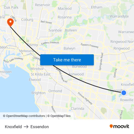 Knoxfield to Essendon map