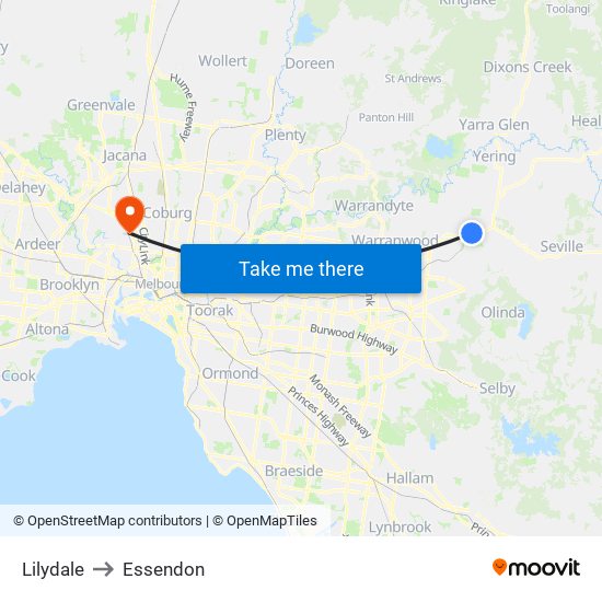 Lilydale to Essendon map