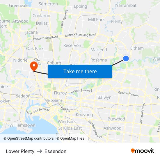 Lower Plenty to Essendon map