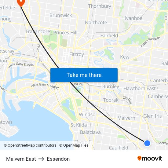 Malvern East to Essendon map