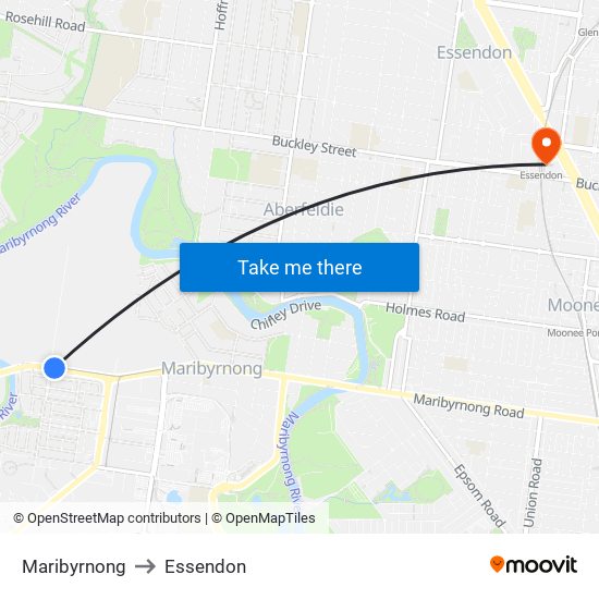 Maribyrnong to Essendon map