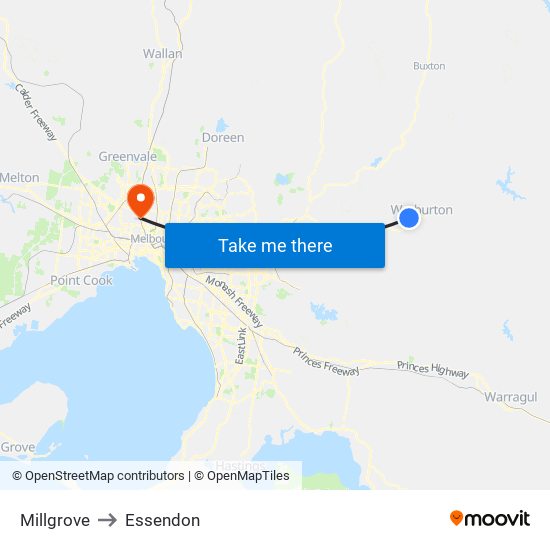 Millgrove to Essendon map