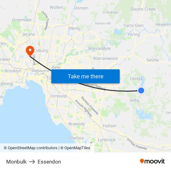 Monbulk to Essendon map