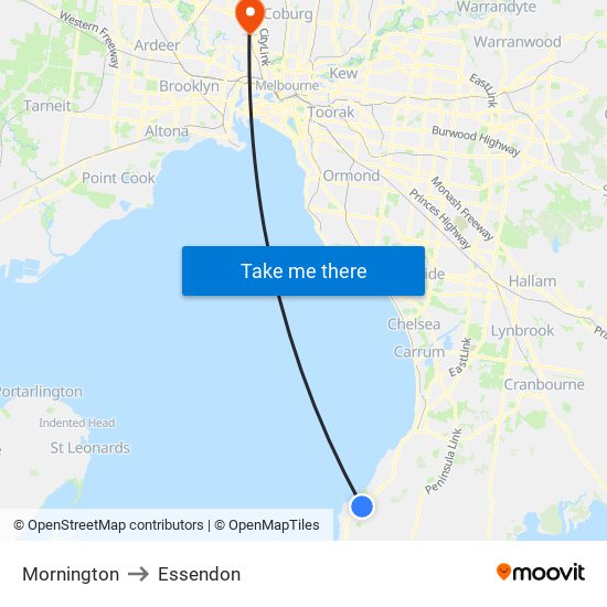 Mornington to Essendon map