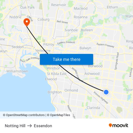 Notting Hill to Essendon map