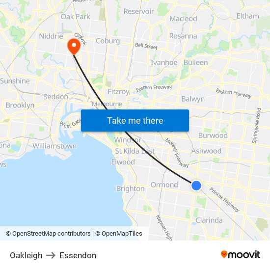 Oakleigh to Essendon map