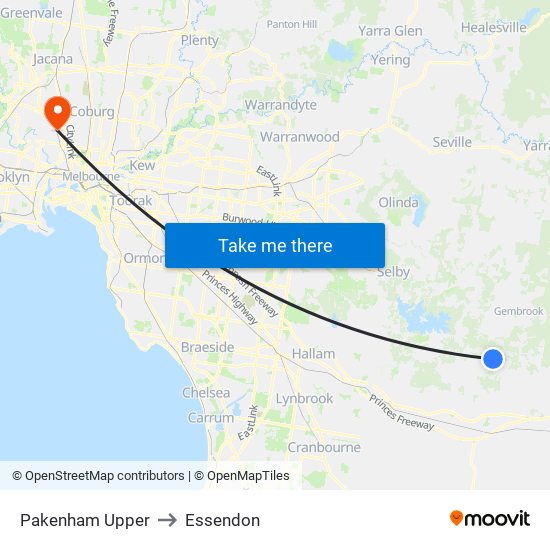 Pakenham Upper to Essendon map