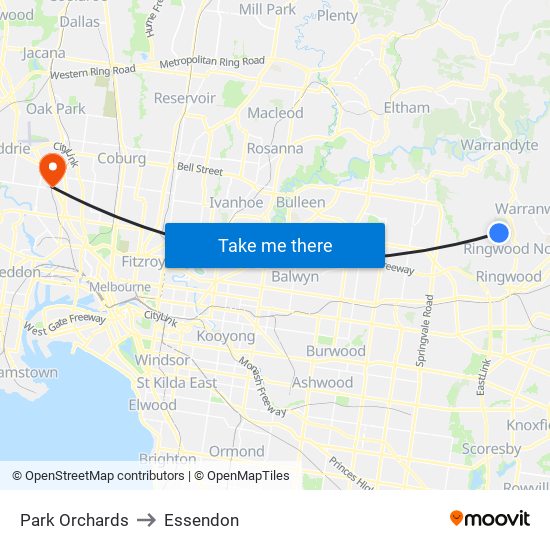 Park Orchards to Essendon map