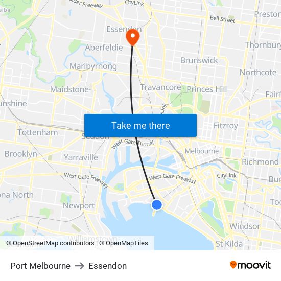 Port Melbourne to Essendon map