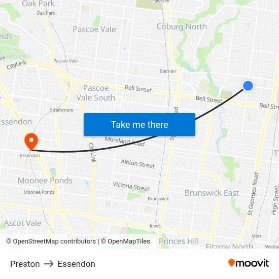 Preston to Essendon map