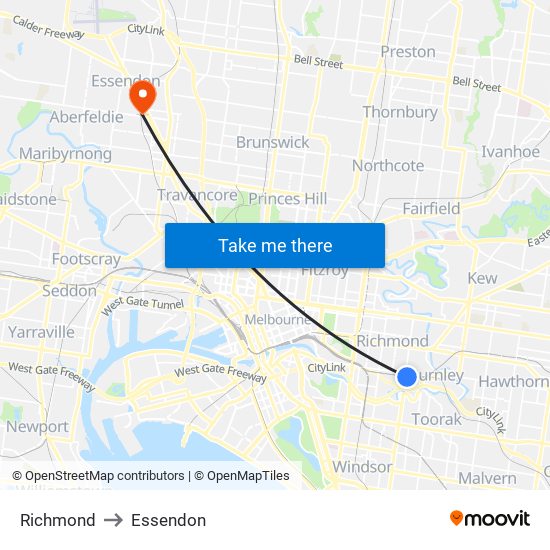 Richmond to Essendon map