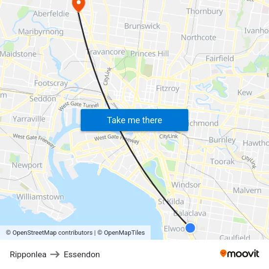 Ripponlea to Essendon map