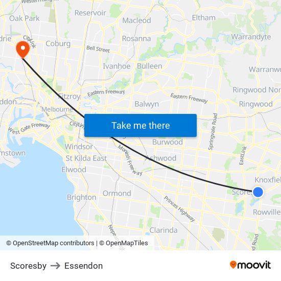 Scoresby to Essendon map