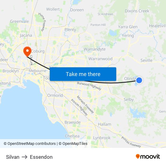 Silvan to Essendon map