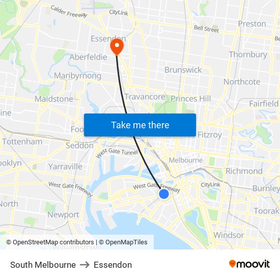 South Melbourne to Essendon map