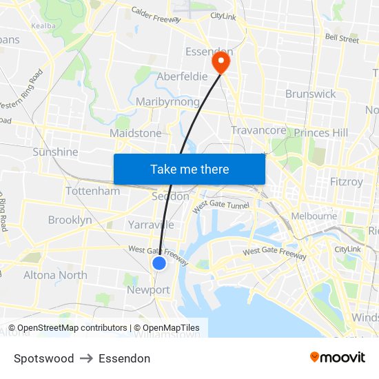 Spotswood to Essendon map