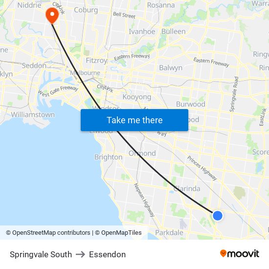 Springvale South to Essendon map