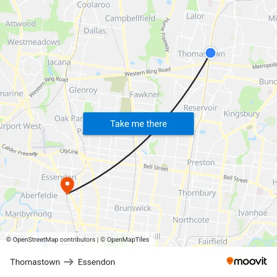Thomastown to Essendon map