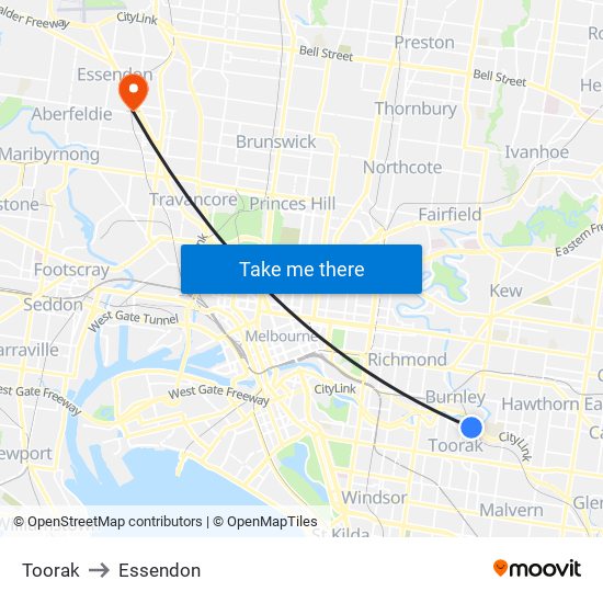 Toorak to Essendon map