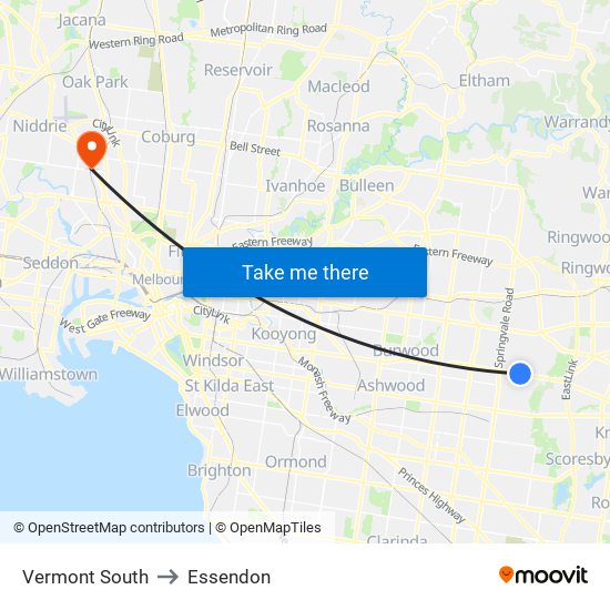 Vermont South to Essendon map