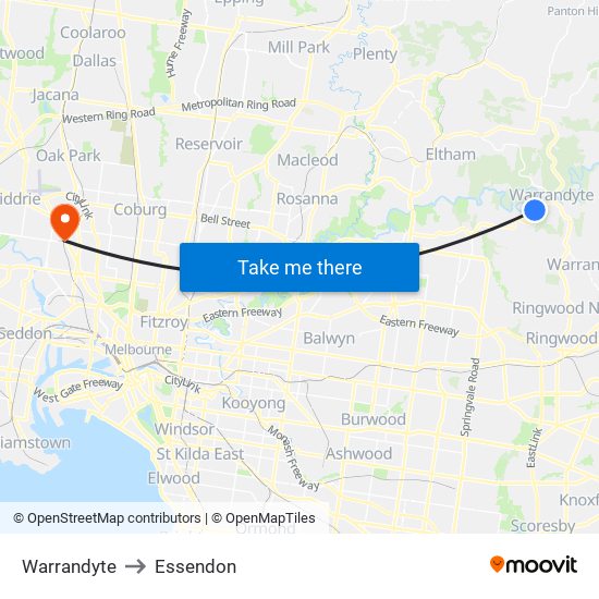 Warrandyte to Essendon map