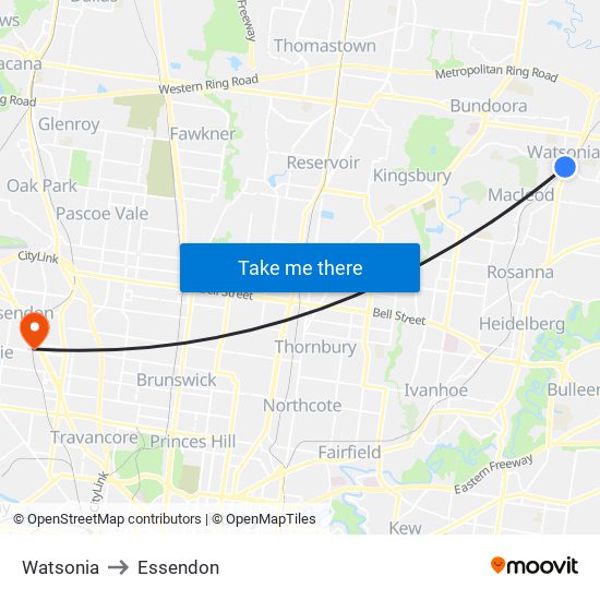 Watsonia to Essendon map