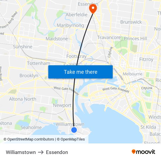 Williamstown to Essendon map