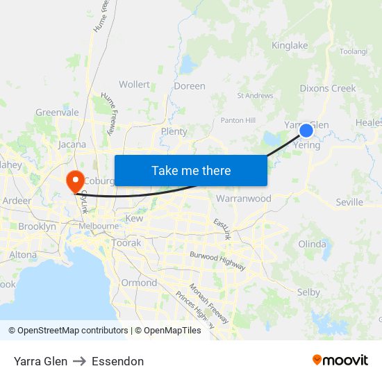 Yarra Glen to Essendon map